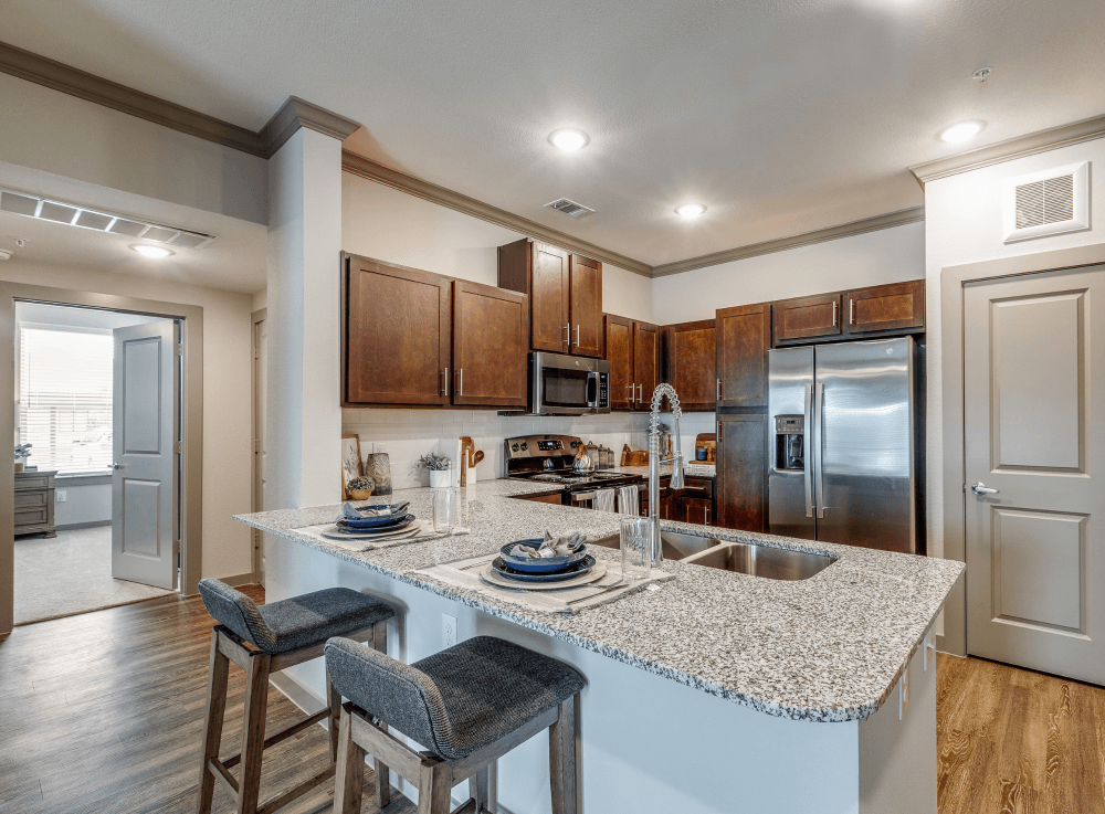 Maintenance-free senior apartment with modern appliances at Alders Cross Creek in Fulshear. 
