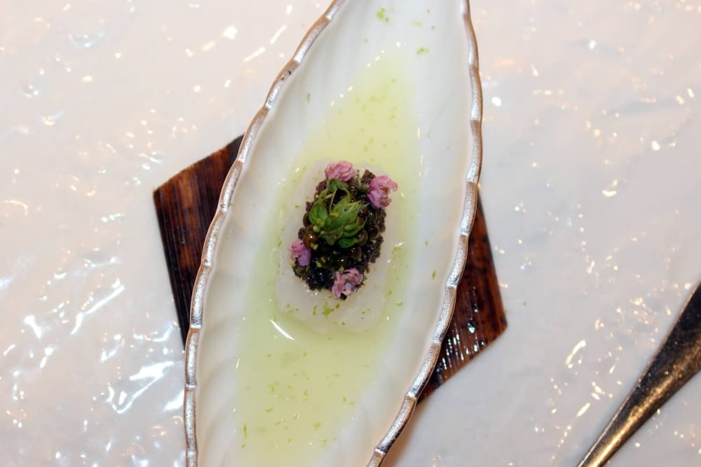 Elongated oblong dish with a rectangular layered food item in the center. 