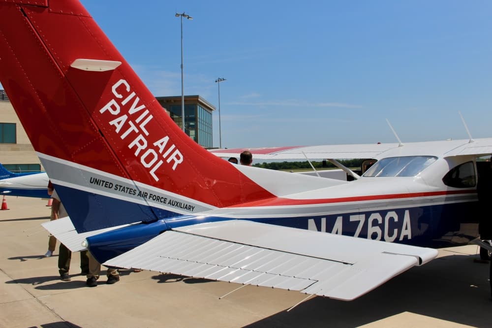 Image of the Cessna 182 plane's tail pictured with the Civil Air Patrol name. 