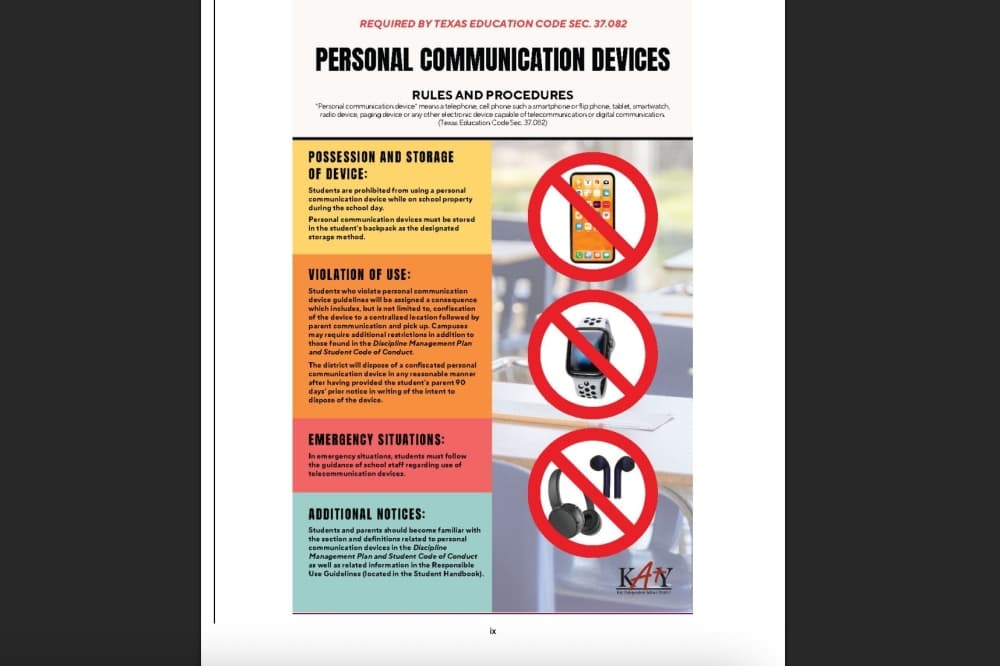 screenshot of Katy ISD cellphone policy