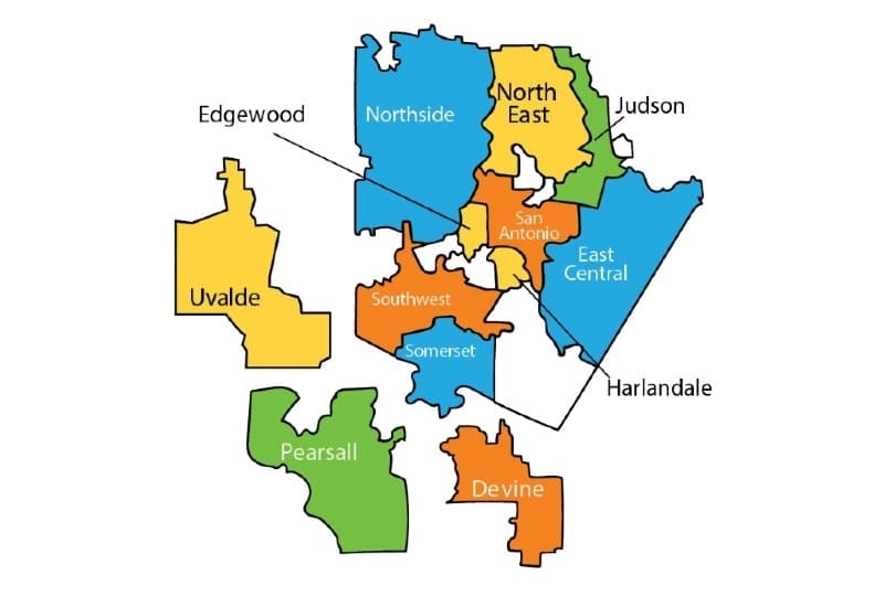 A map showing 12 districts highlighted across San Antonio that are served by the CISSA organization.
