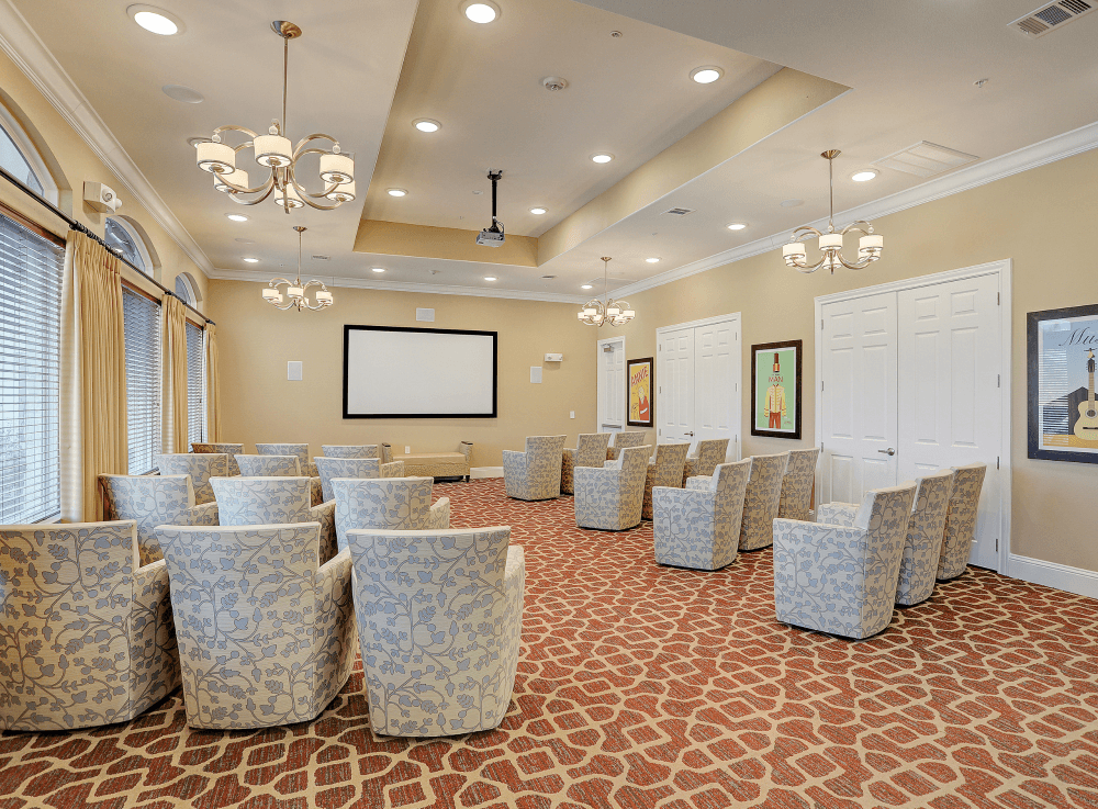 Inviting theater room at Woodhaven Village in Montgomery County, where independent and assisted living residents relax and connect.