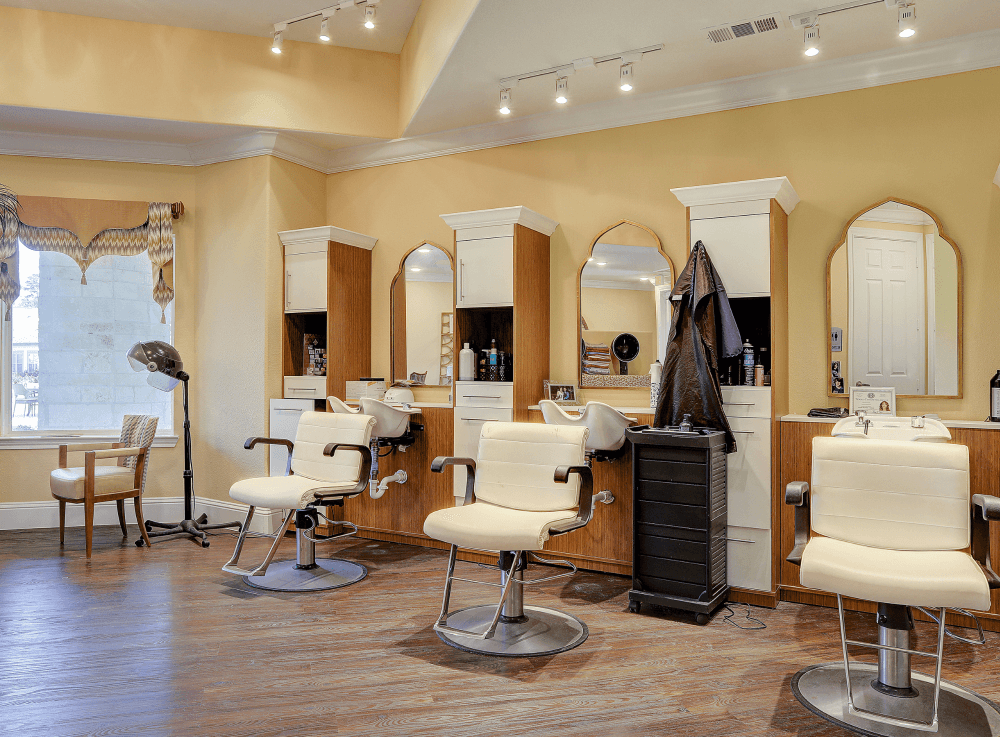 Woodhaven Village’s elegant salon and barber shop offering professional hair and grooming services for residents.