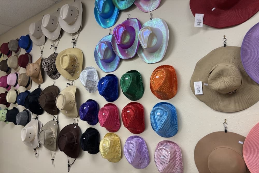 A row of hats lined up on a wall in a boutique.