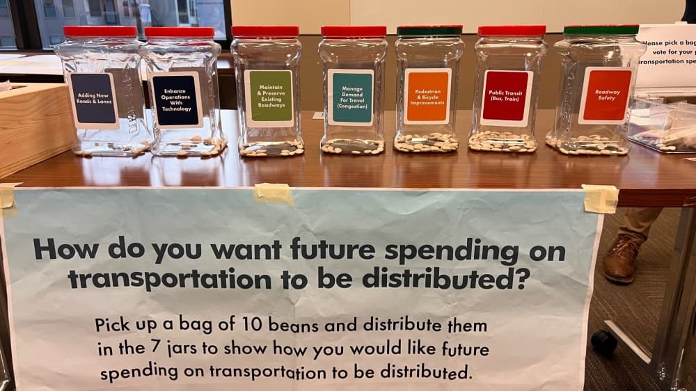A sign asking attendees to discuss how they want to spend future transportation projects.