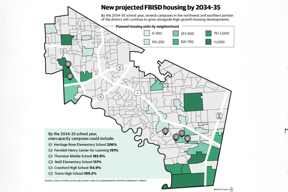 District officials said they’re working to evaluate campus boundaries over the next three years to even out students across FBISD as 17 schools sit overcapacity for the 2025-26 school year. The changes could result in zoning changes and school consolidation. (Community Impact staff) 