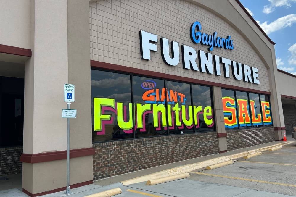 Exterior of a store with Gaylords Furniture signage. 