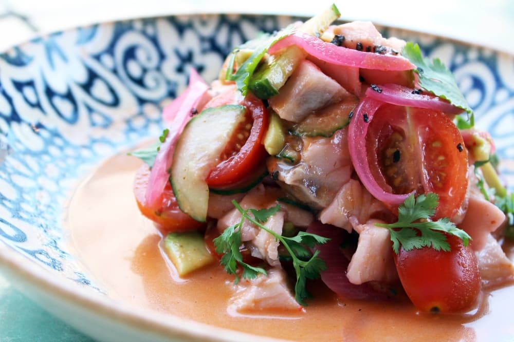 Ceviche in a shallow bowl. 