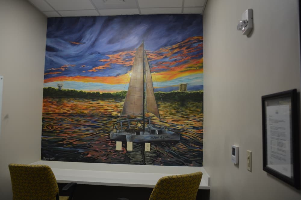 A lakes-inspired mural was painted by Rhianna Patel inside a library study room. 