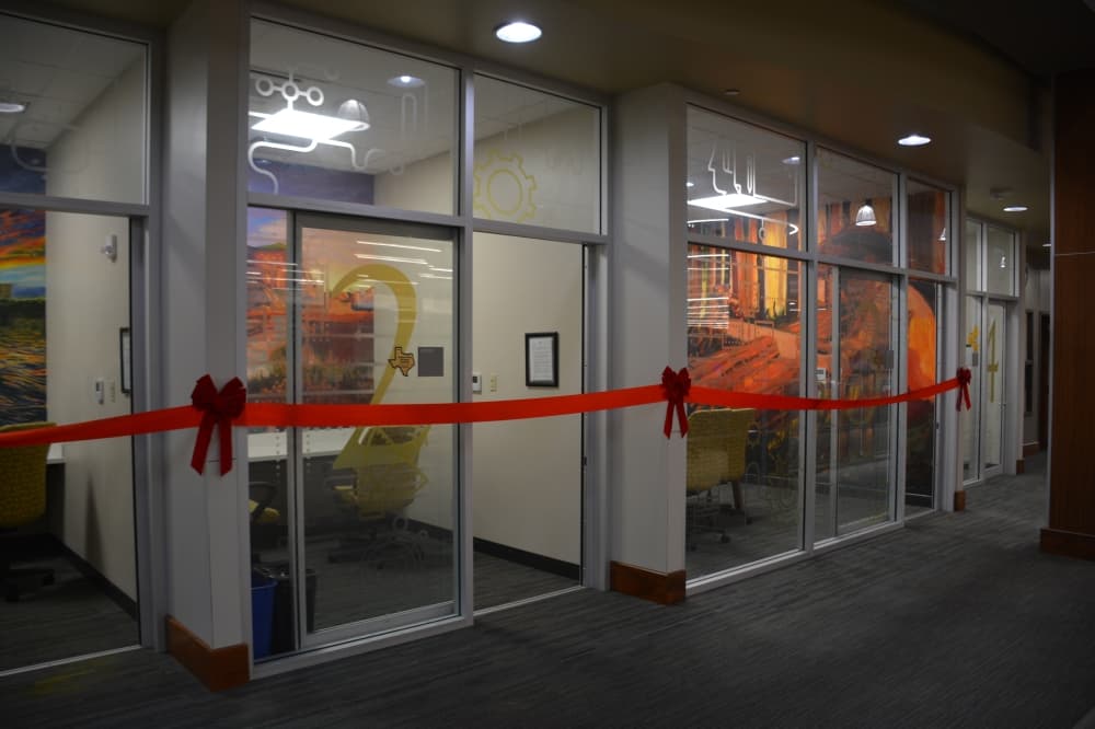 Ribbons were hung outside library study rooms ahead of a ribbon cutting Aug. 12. 