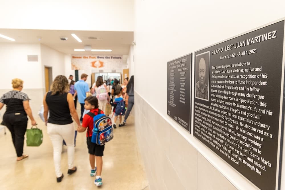 A plaque provides information on Lee Martinez, for whom the school is named. (Courtesy Hutto ISD)
