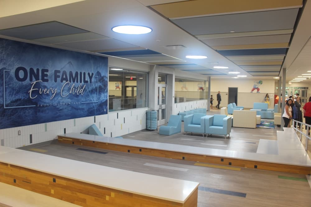 A sitting area for students near the library