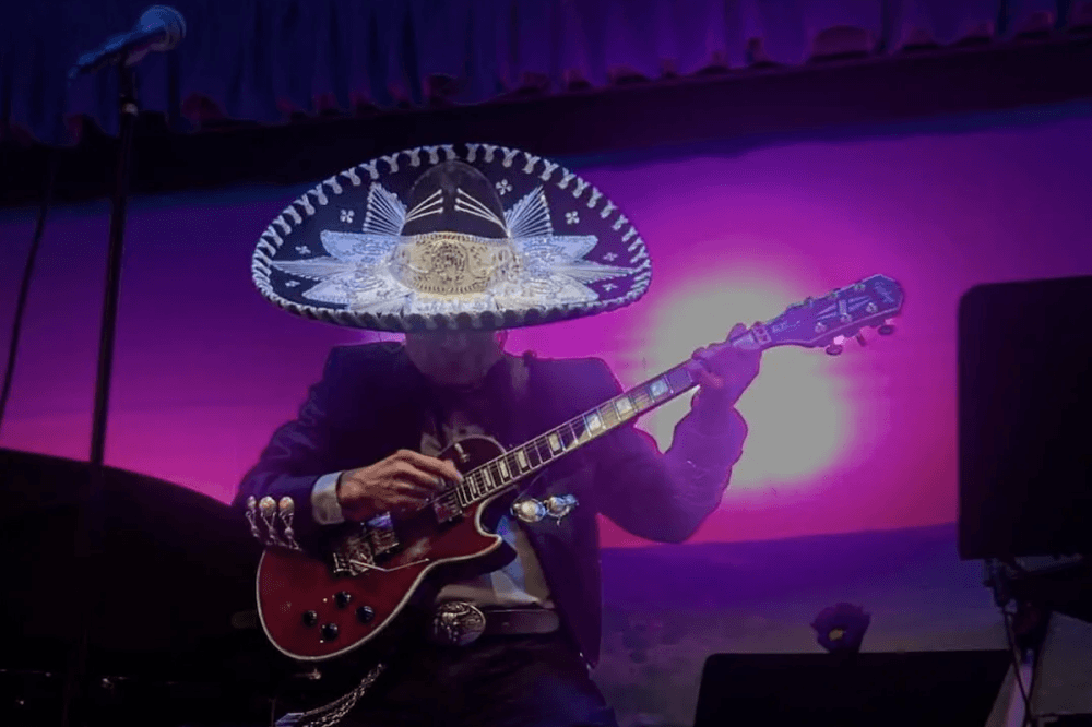 A musician wearing a hat and playing a guitar on a purple-lit stage.