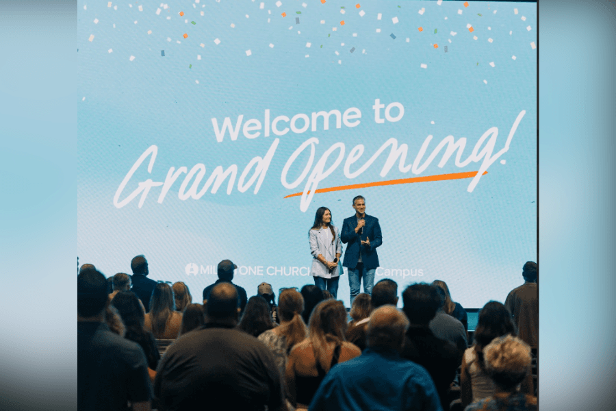 Pastor Steve and Gabrielle Chesnut welcome families to Milestone Church’s new Argyle campus during the grand opening celebration.