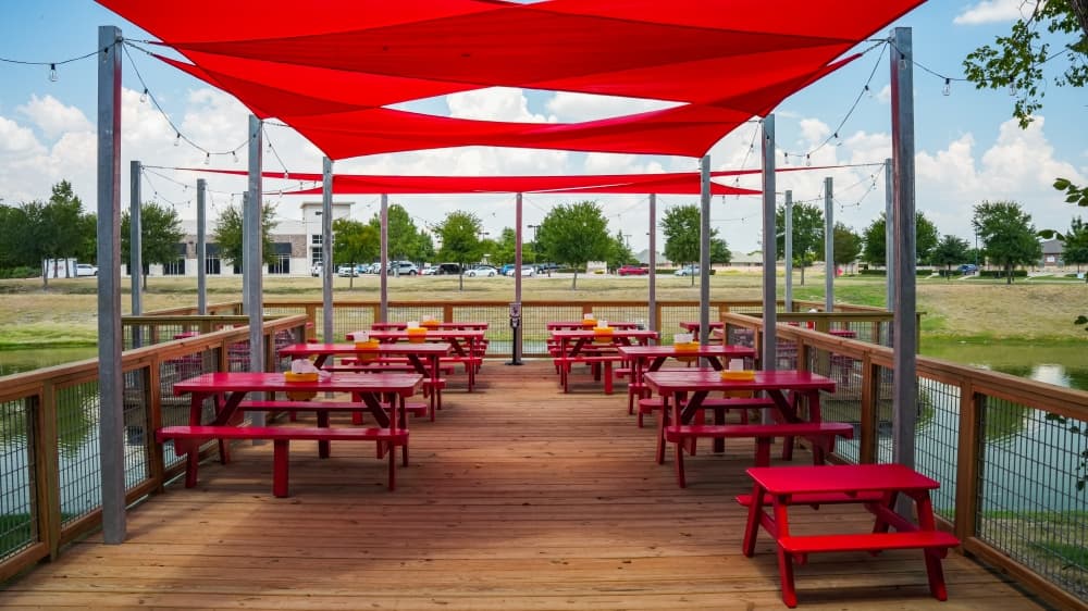 The pier over a pond at Te'jun Texas Cajun.
