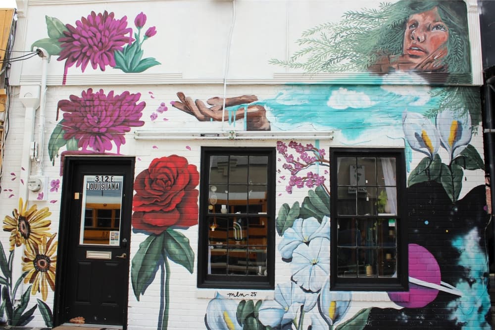 Flowers, galactic elements and female with botanical hair mural on a white building with windows. 