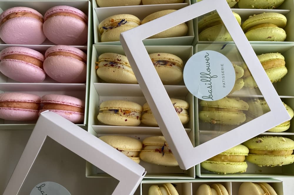 basilflower’s eggless cakes ($10.00) include vanilla bean sponge cake with matcha whipped cream and fresh strawberries, as well as an almond sponge cake with raspberry cream. (Katlynn Fox/Community Impact)