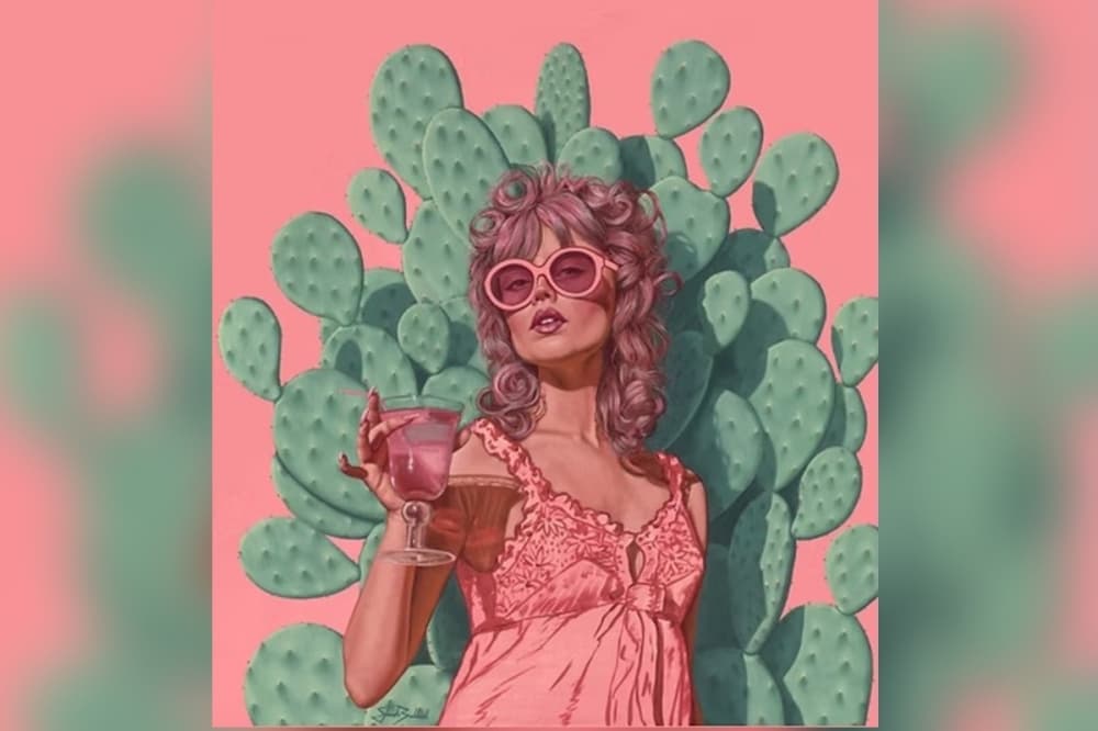 artwork of a girl in front of a cactus