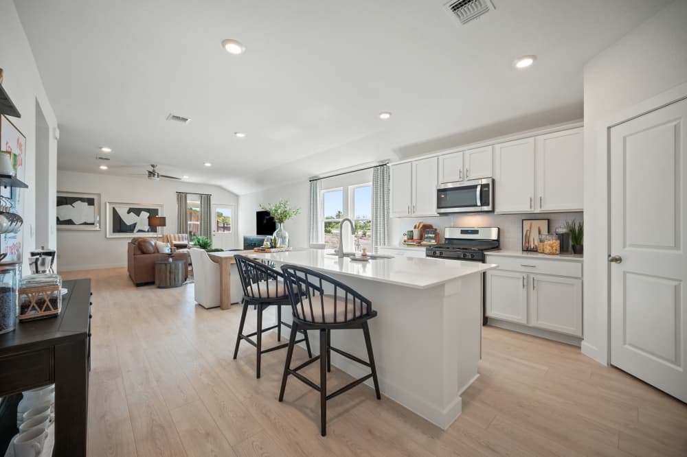 Modern kitchen in a Trails at Wildhorse Austin home by D.R. Horton featuring open floor plan, stainless steel appliances, quartz countertops, tiled backsplash, and contemporary design. Spacious living room in a new Austin home at Trails at Wildhorse with open layout, natural light, modern finishes, and family-friendly design by D.R. Horton. 