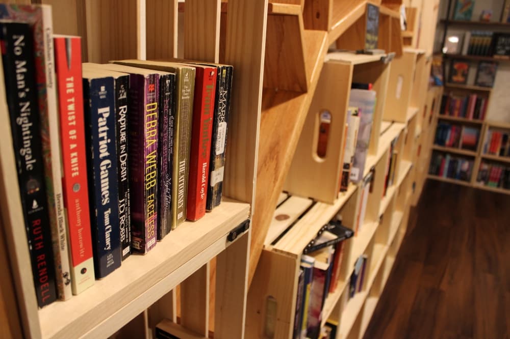 A book shelf in the second floor of the store.