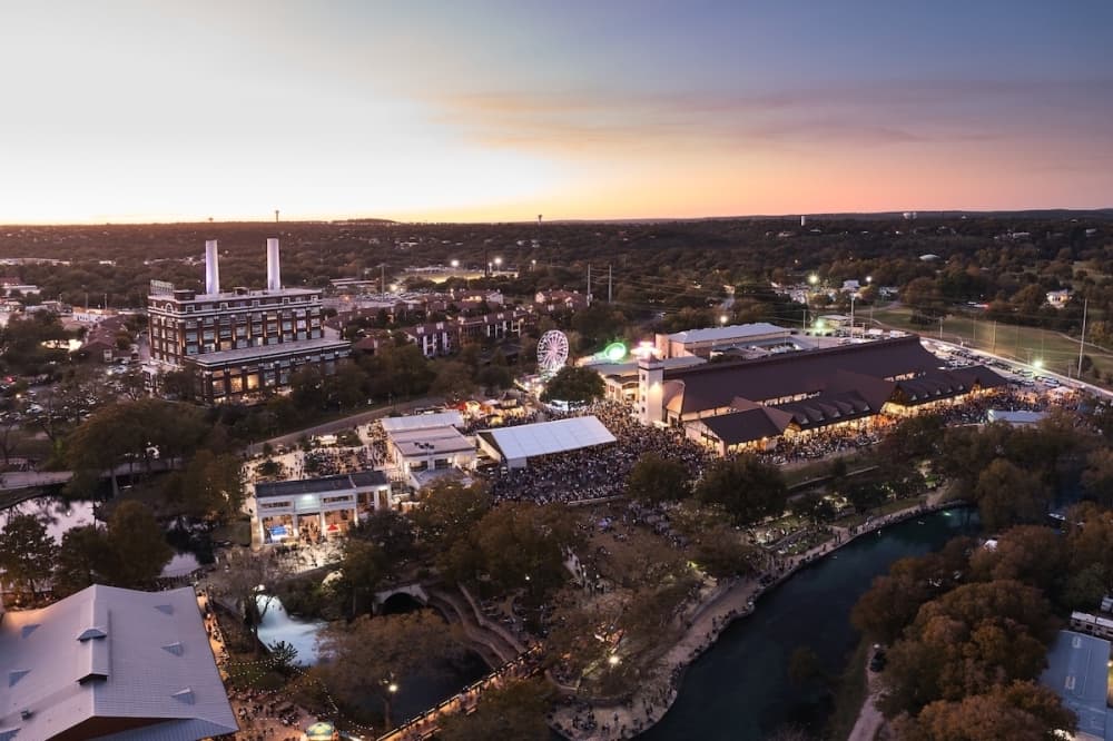 An aerial view of the Wurstfest grounds at sunset.