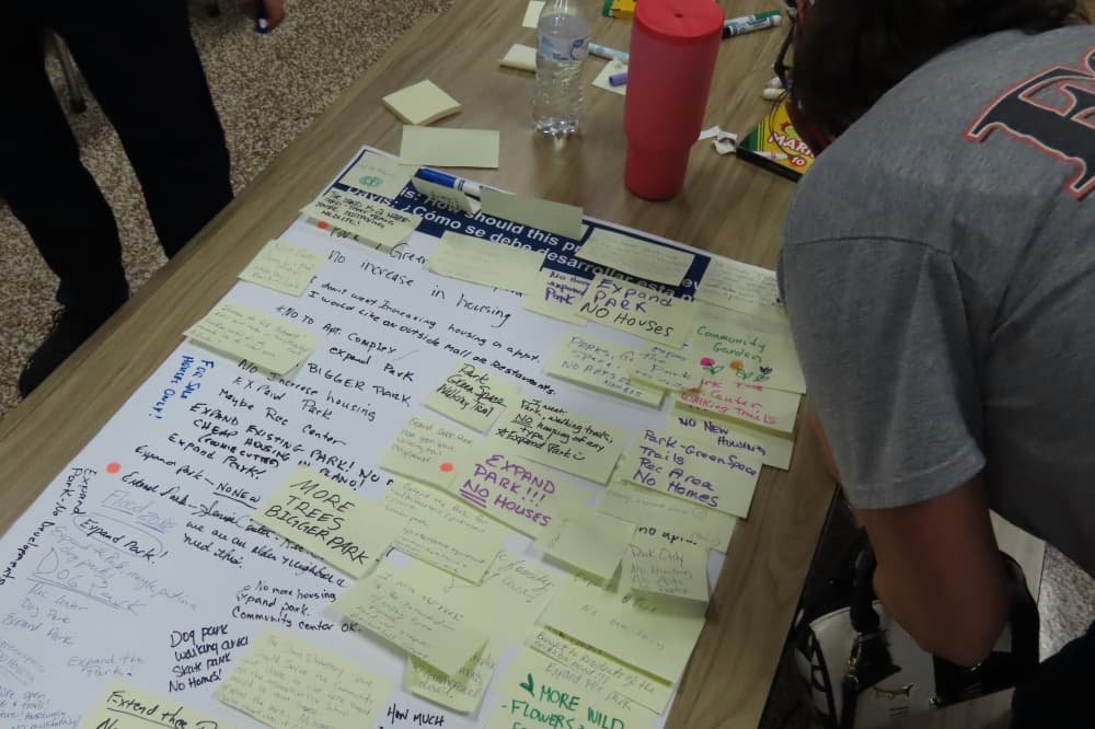 Plano officials asked residents for their preference on how the former schools should be redeveloped, including what level of housing density or style would be their preference as well as an “open-comment” white board and poster board for residents to add to. (Jacquelyn Burrer/Community Impact)