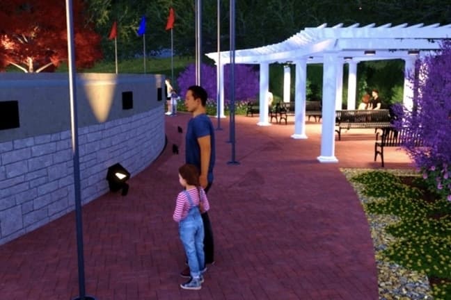 rendering of two people looking at a memorial wall