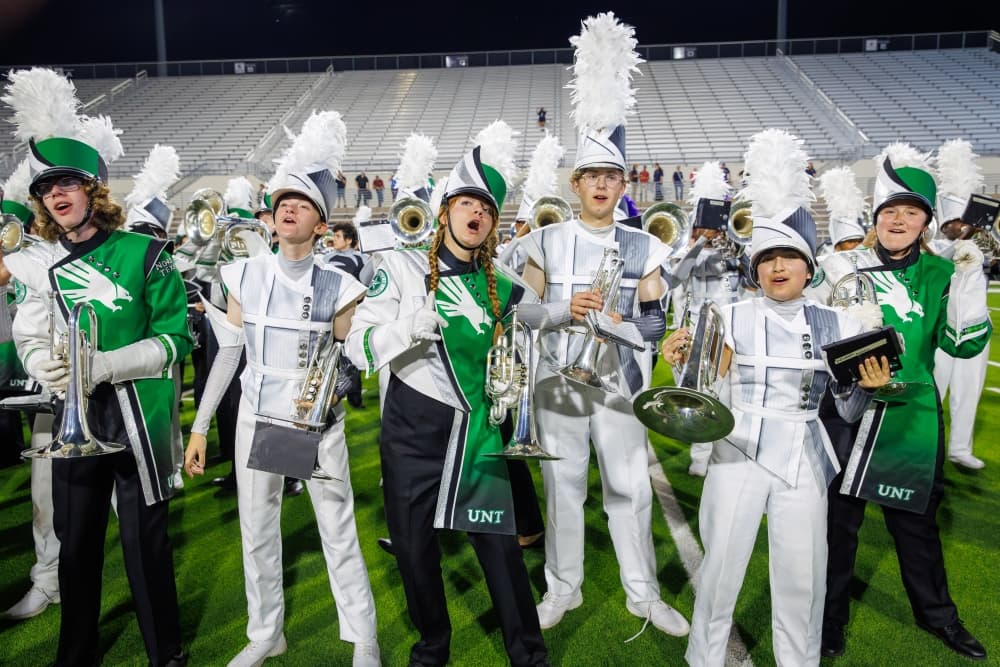 The UNT's Green Brigade performs at Sounds of the Stadium in Denton.