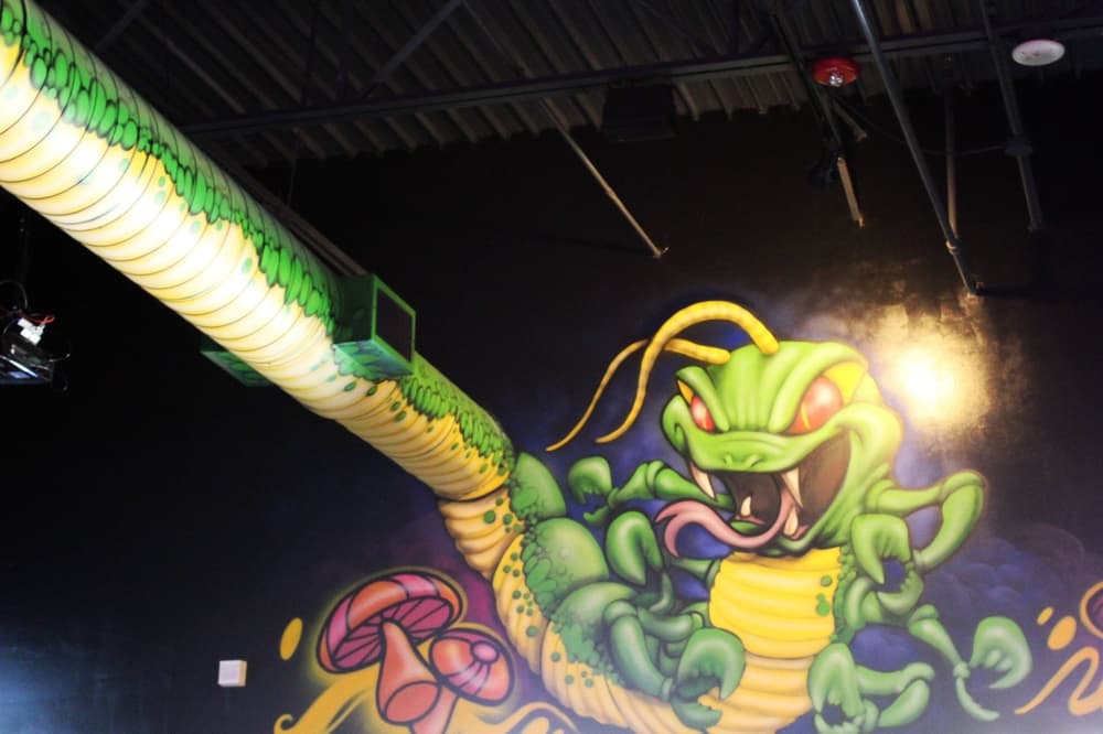 A ceiling mural featuring the 1980s game Centipede. 