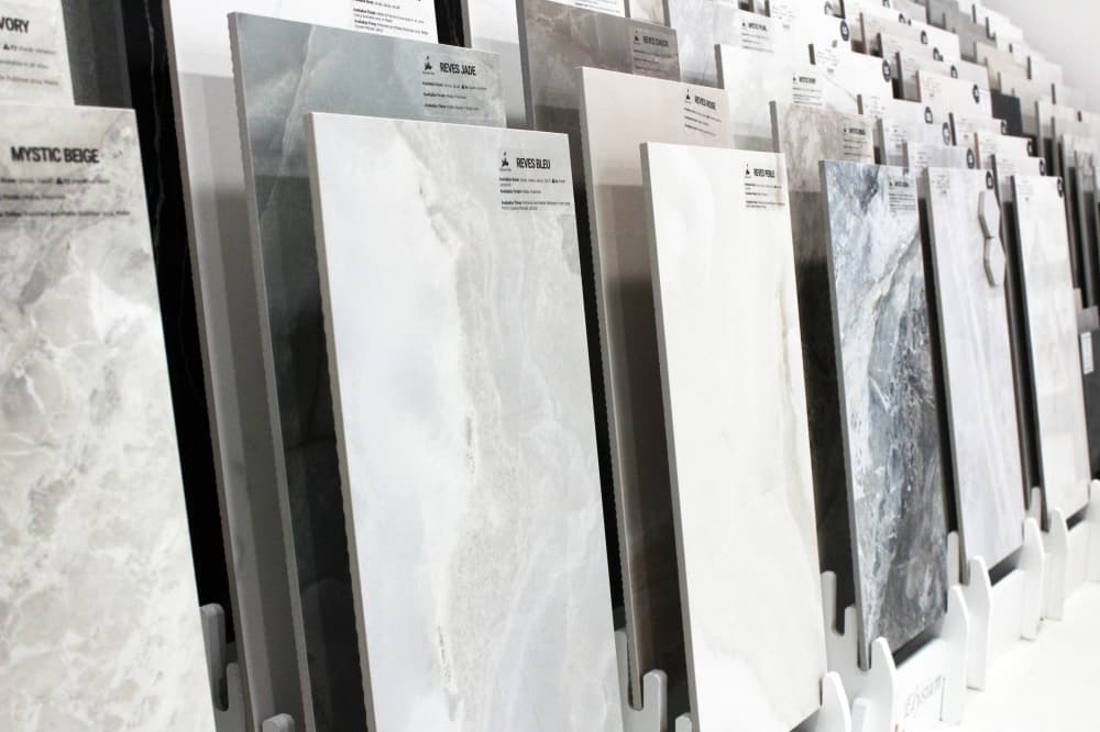 Marble floor samples on display in a store. 