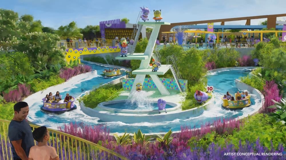 At Illumination’s Minions vs. Minions: Bello Bay Club, yellow minions will attempt to reign in their purple counterparts in a water park style area of the resort.(courtesy Universal Destinations & Resorts)