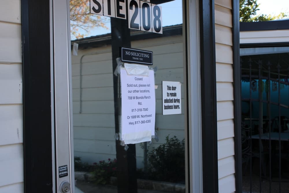 A flyer at the Tommy Tamale Keller location points customers to its other locations in the Dallas-Fort Worth area. 