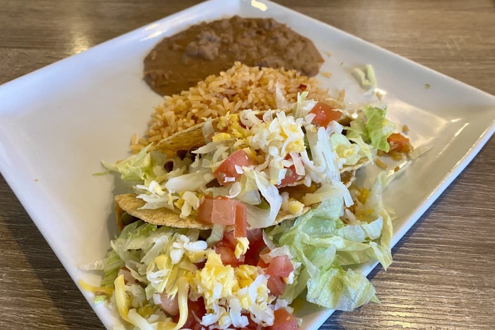 One of the weekly specials that Dos Hermanos Café and Tex Mex offers is the Taco Tuesday Plate with two tacos, rice and beans ($7.99).  (Katlynn Fox/Community Impact)