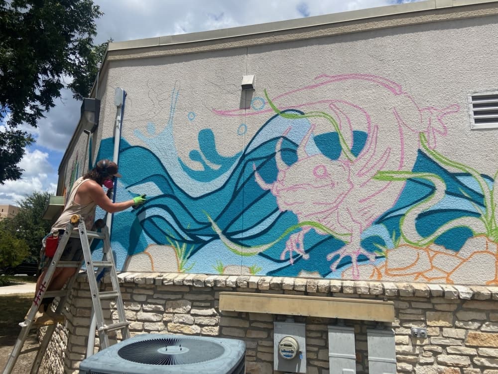 The artist is shown on a ladder painting the mural.