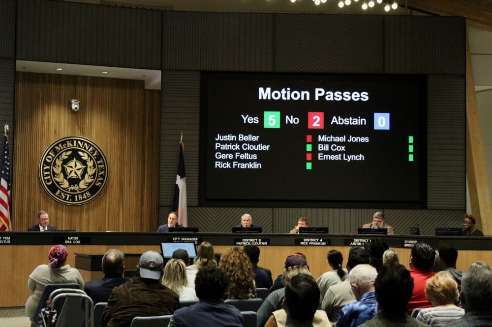 McKinney City Council members cast their votes during an Oct. 21 meeting on an ordinance clarifying that camping is prohibited in any publicly accessible outdoor area that’s not designated for camping. (Shelbie Hamilton/Community Impact)
