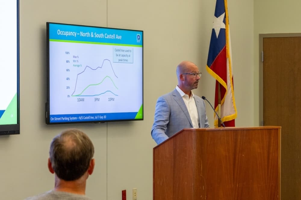 Tony Janowiec, president and CEO of Interstate Parking, gives city council members an update to revenue received from the paid parking program implemented in downtown New Braunfels in July.