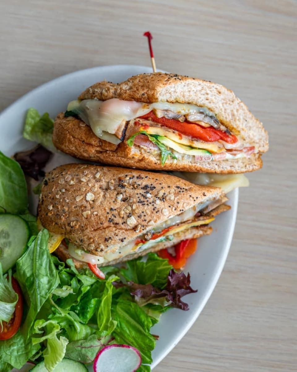 The colorful sandwich is shown.