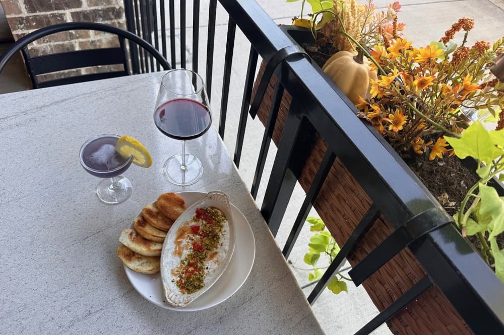 whipped feta, wine, cocktail with autumn decor