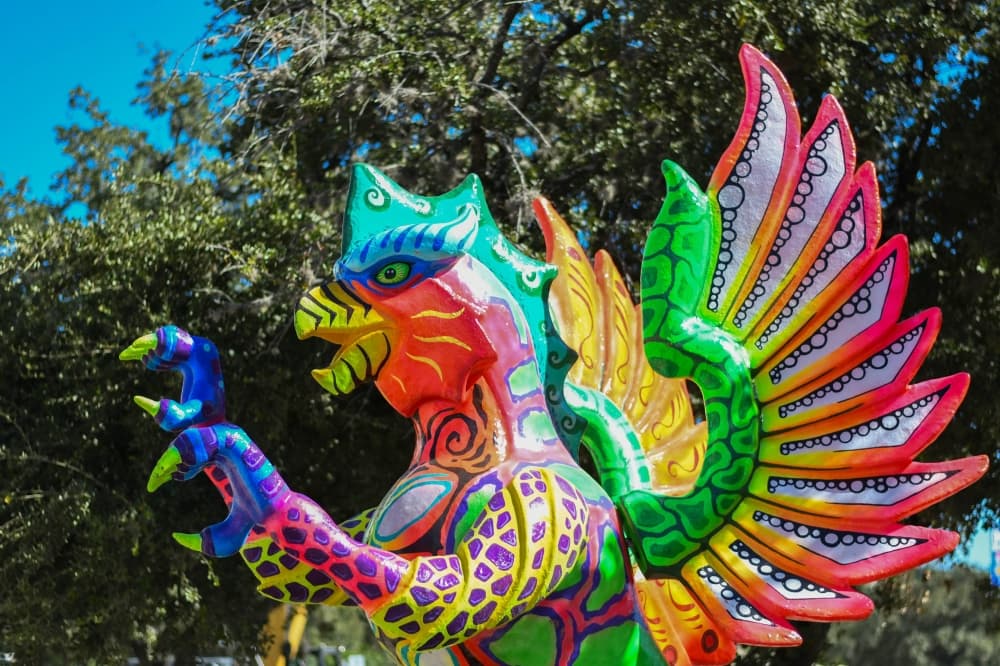 Alebrijes are brightly colored sculptures of hybrid animals and mythical creatures, which originated in Mexico City in the 1940s. (Courtesy San Antonio Center City Development & Operations)