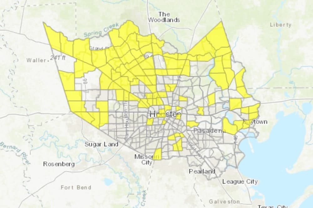A Harris County map with impacted areas designated in yellow.