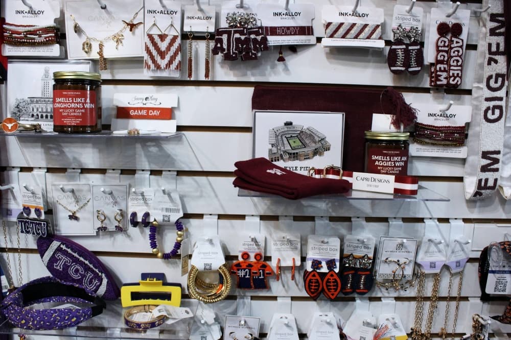 College themed merchandise displayed in a store. 