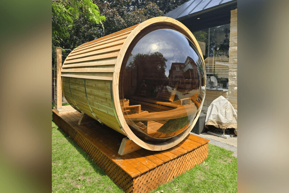Custom backyard sauna by Rolling Saunas in Houston featuring electric heat, sleek barrel design, and personalized lighting for ultimate home spa relaxation.