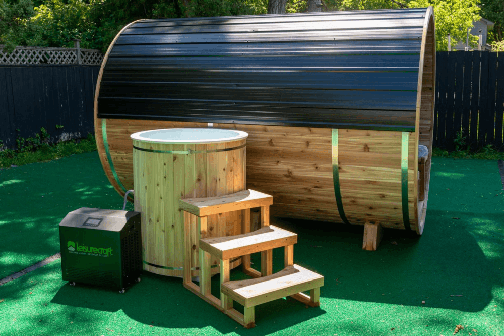 Rolling Saunas professional installation team setting up a custom backyard sauna with mirrored privacy glass, perfect for home spa and wellness upgrades.