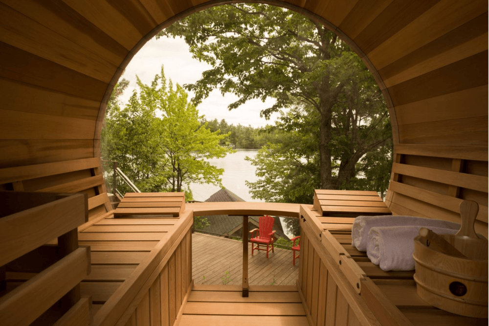 enjoying sauna therapy in her backyard, highlighting stress relief, better sleep, muscle recovery, and overall wellness benefits of home sauna use.