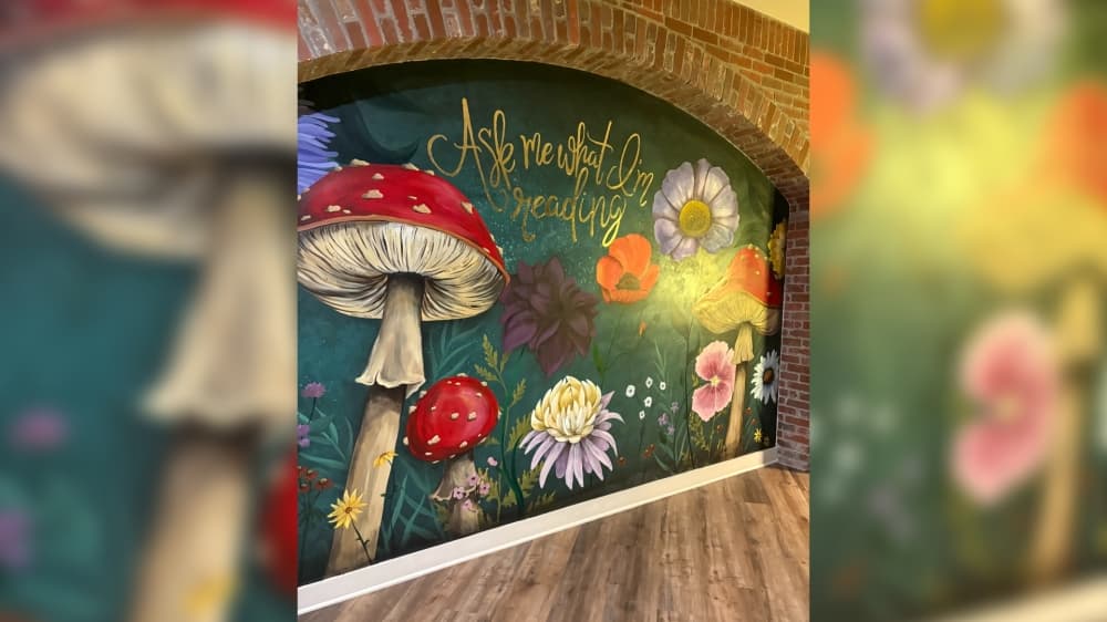 Painting of mushrooms and flowers 