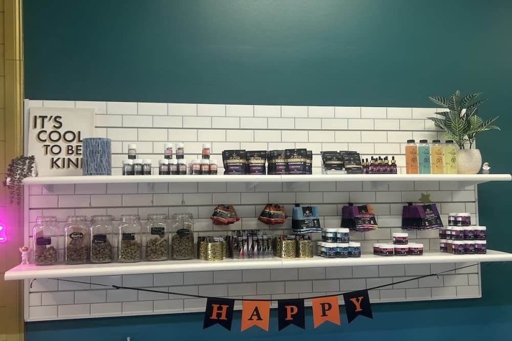 A selection of CBD and THC products are seen on shelves at a dispensary in Selma, Texas.