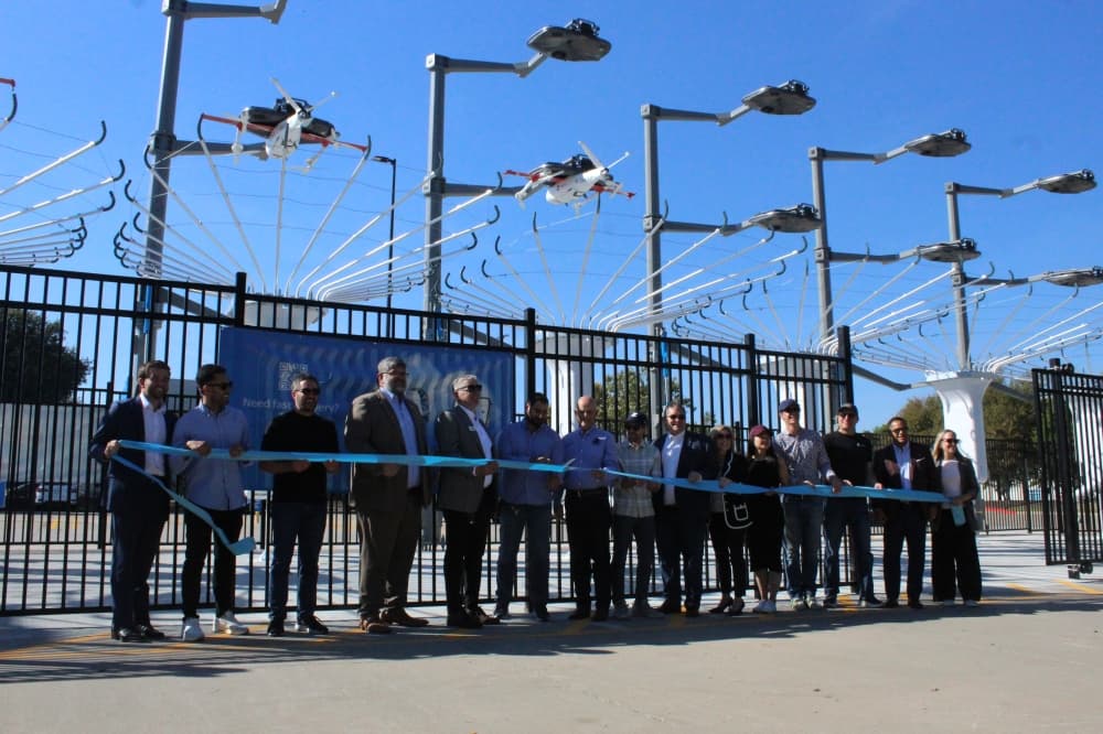 Officials from the city, county, state, Zipline and Walmart cut the ribbon for drone delivery service at a Walmart store located at 2041 Redbud Blvd. in McKinney. 