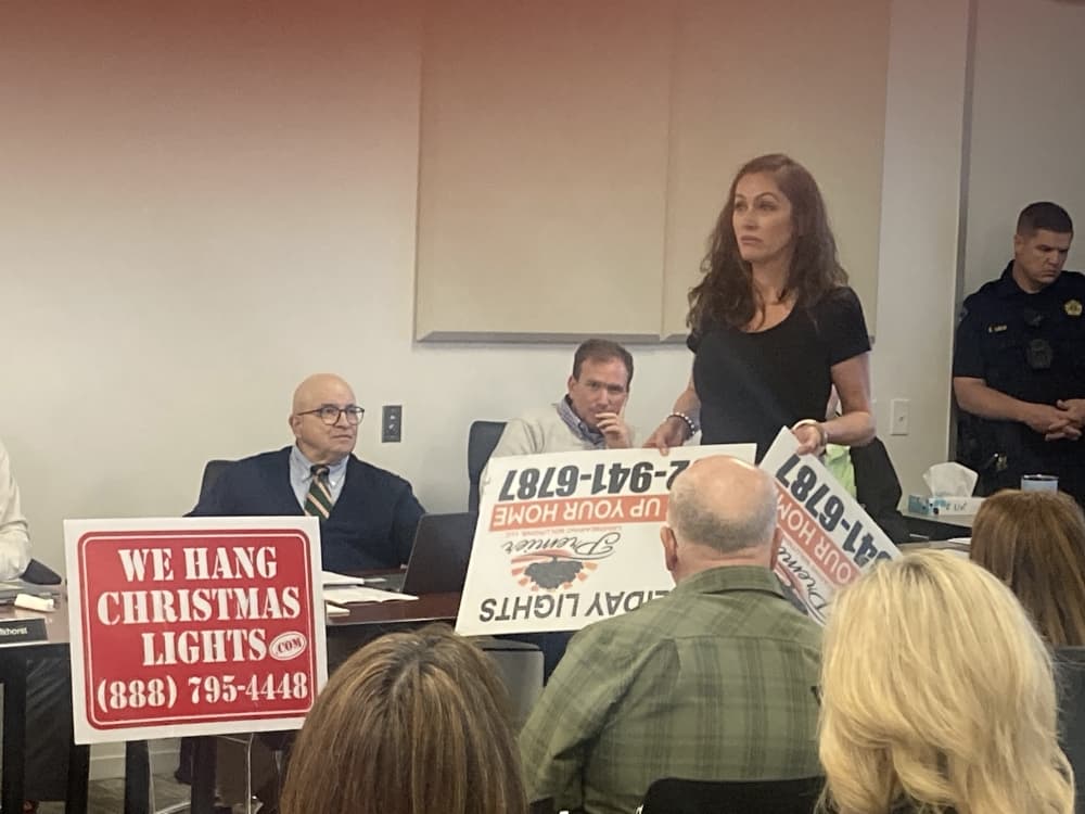 a person with signs at a meeting