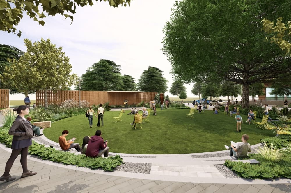 Gateway Park will be an outdoor public greensapce to host community events and performances. (Rendering courtesy SWA Group)
