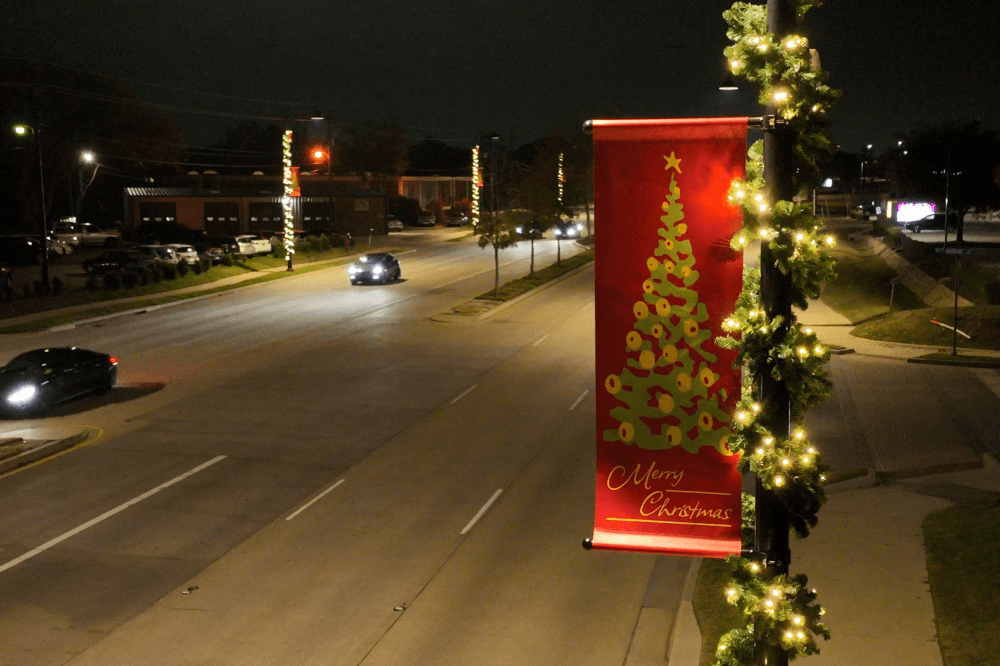 Colleyville festive Christmas displays, sparkling lights, Santa’s reindeer, seasonal decorations, family fun, holiday magic, and town charm.